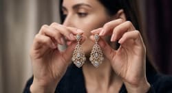 Close-Up Commercial Portrait of Woman Displaying Gold and Diamond Earrings