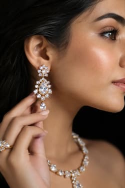 Luxury High Jewelry Editorial Portrait of Indian Model Wearing Diamond Earrings