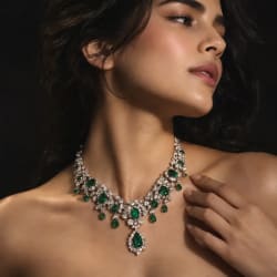High Jewelry Editorial Portrait Featuring Diamond And Emerald Necklace