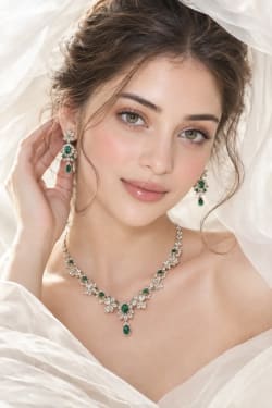 Luxury Beauty Editorial Portrait With Emerald Jewelry And White Fabric