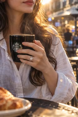 Elegant Woman Holding Coffee Cup at Outdoor Cafe Golden Hour