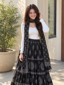 Young South Asian Woman Portrait In Monochrome Block Printed Skirt And Scarf