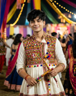 Indian Man Portrait In Traditional Festive Attire During Navratri