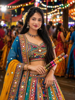 Young Indian Woman Portrait In Traditional Lehenga During Festive Celebration