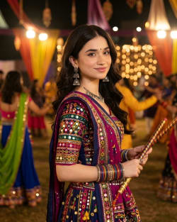 Young Woman in Magenta and Blue Mirror Work Chaniya Choli Holding Dandiya Sticks