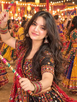 Young Woman in Black Mirror Work Chaniya Choli Holding Dandiya Sticks at Garba Night