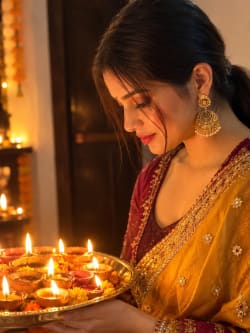Young Indian Woman Holding Brass Diya Thali in Golden Saree for Diwali