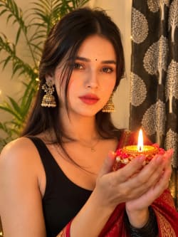 Young Woman in Crimson Saree Holding Glowing Diya with Gold Jhumka Earrings