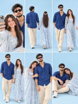 Romantic Couple in Cobalt Blue and Floral Gown Studio Photoshoot Collage