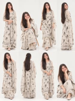 Young Indian Woman in Cream Floral Printed Kurta Set Studio Model Collage