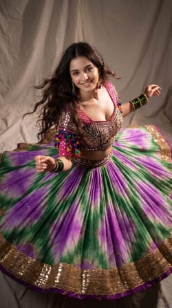 High Angle Portrait of Smiling Woman Twirling in Purple and Green Lehenga