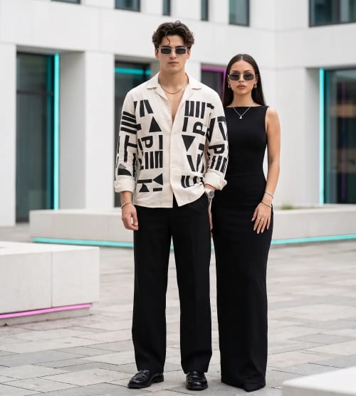 Cosmopolitan Elegance: Luxury Urban Editorial Duo in Neon-Lit Plaza