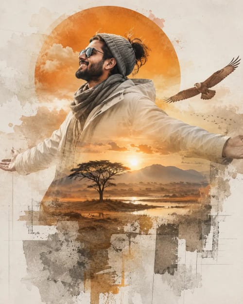 Savanna Sunrise: Traveler's Journey in Double-Exposure Collage