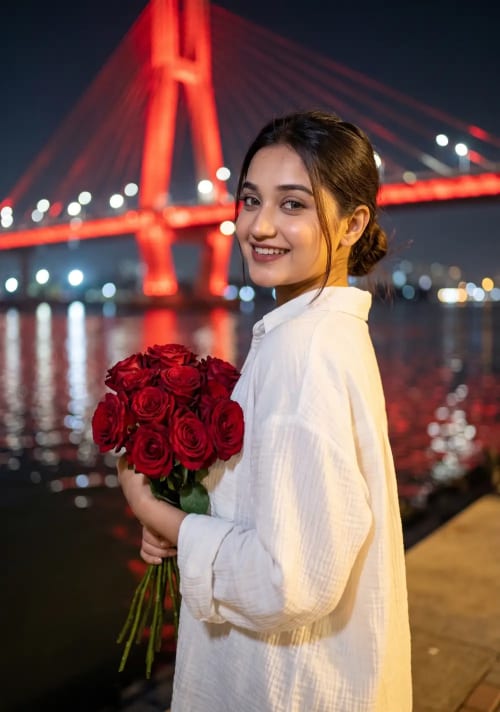 Crimson Roses by the Bay – A Nighttime Waterfront Portrait