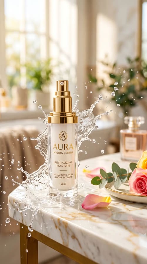 Premium Skincare Bottle on Marble with Floating Water Splash