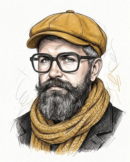 Colored Pencil Male Portrait with Mustard Newsboy Cap and Scarf