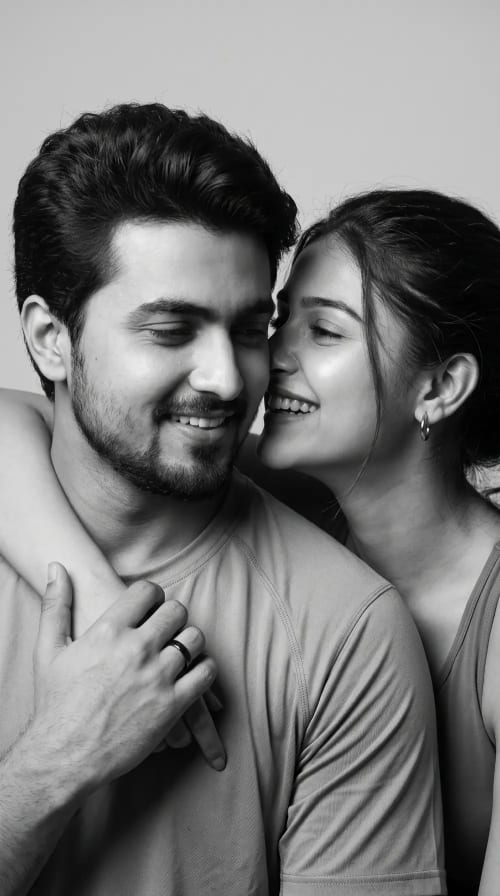 Candid Black and White Editorial Studio Portrait of a Young Couple