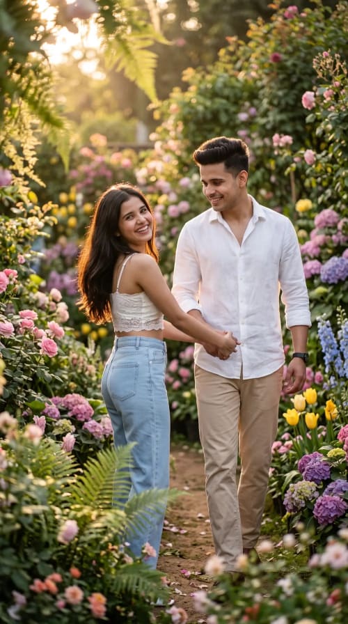Young South Asian Couple Walking Hand in Hand Through Blooming Garden