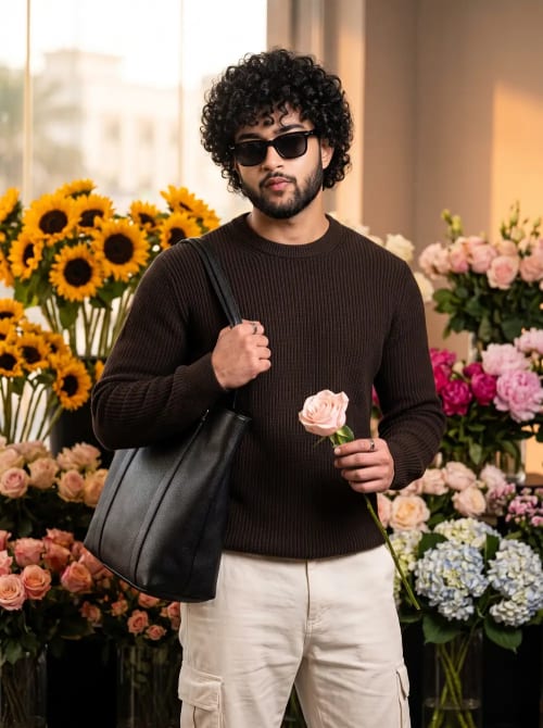 Stylish Indian Man in Brown Knit Sweater Holding Rose in Boutique