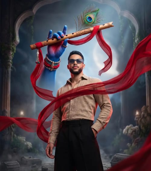 Modern Fashion Portrait with Divine Blue Hand Holding Peacock Flute
