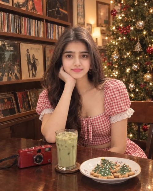 Young Woman in Red Gingham Two-Piece Beside Christmas Tree in Cozy Room
