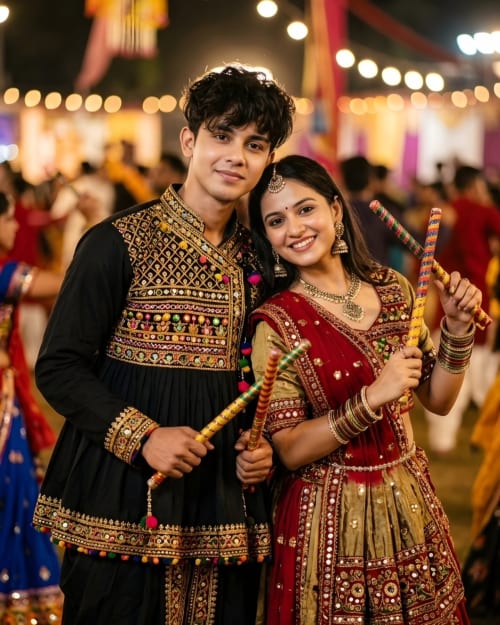 Smiling Indian Couple in Black Kediyu and Maroon Choli at Navratri Garba Night