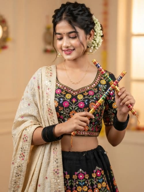 Young Woman in Black Floral Embroidered Choli Holding Dandiya Sticks for Navratri