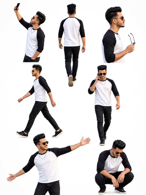 Stylish Man in White and Black Raglan Shirt Across Multiple Studio Poses