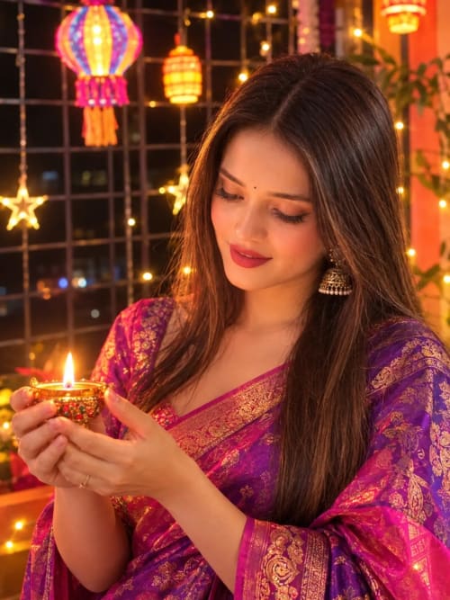 Young Indian Woman in Magenta Saree Holding Glowing Diya During Diwali
