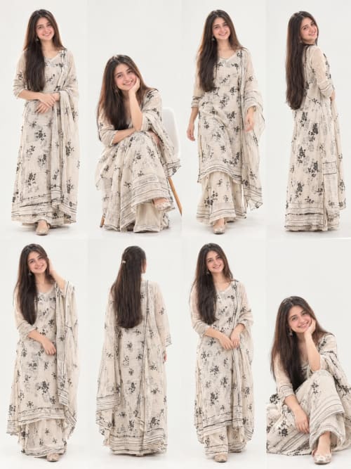 Young Indian Woman in Cream Floral Printed Kurta Set Studio Model Collage