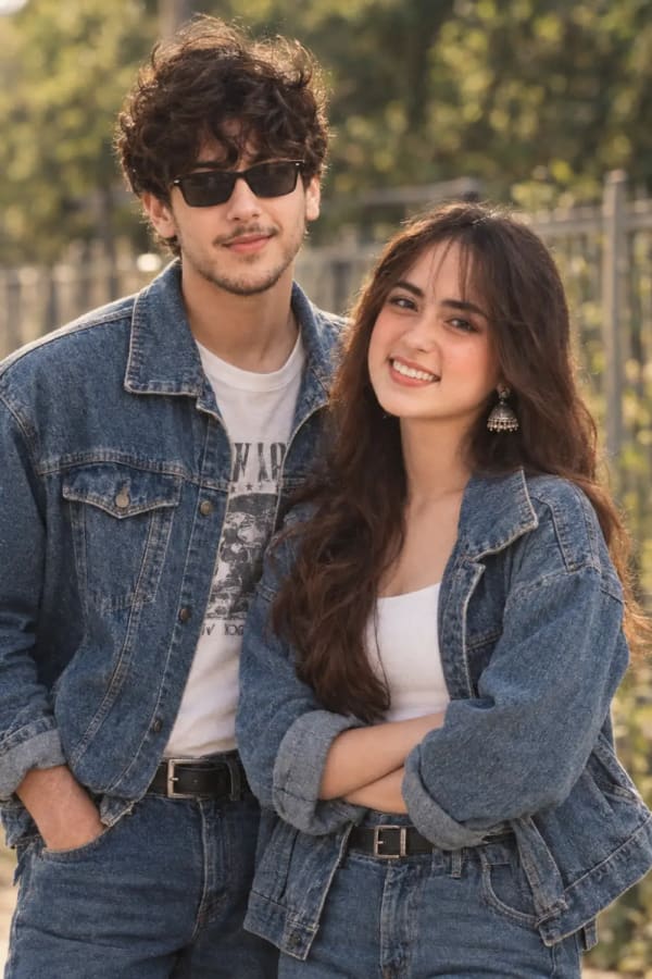 Vintage Denim Couple Portrait Outdoors With Soft Golden Hour Light
