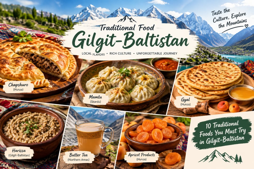 Traditional foods of Gilgit-Baltistan including chapshuro, mamtu, Hunza bread, and dried apricots.