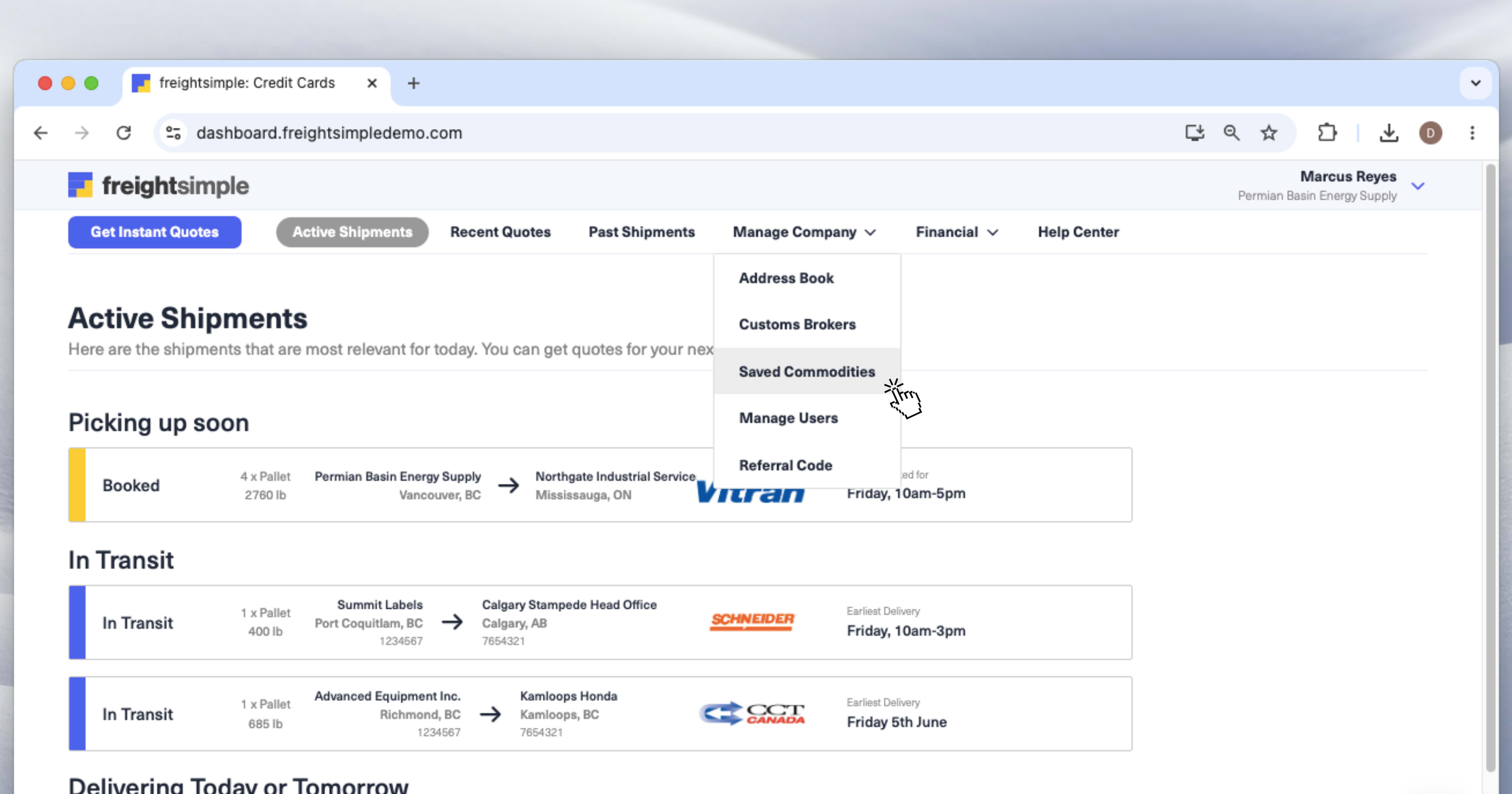 The Manage Company menu open in the FreightSimple Dashboard, showing the Saved Commodities option highlighted.