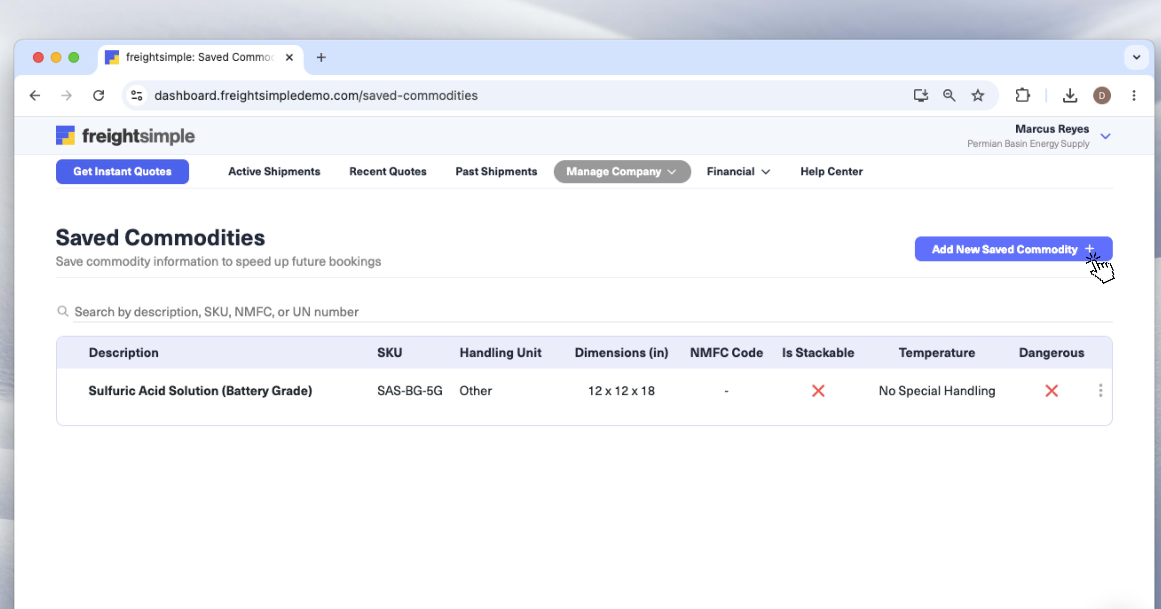 The Saved Commodities screen in the FreightSimple Dashboard, with the Add New Saved Commodity button visible.