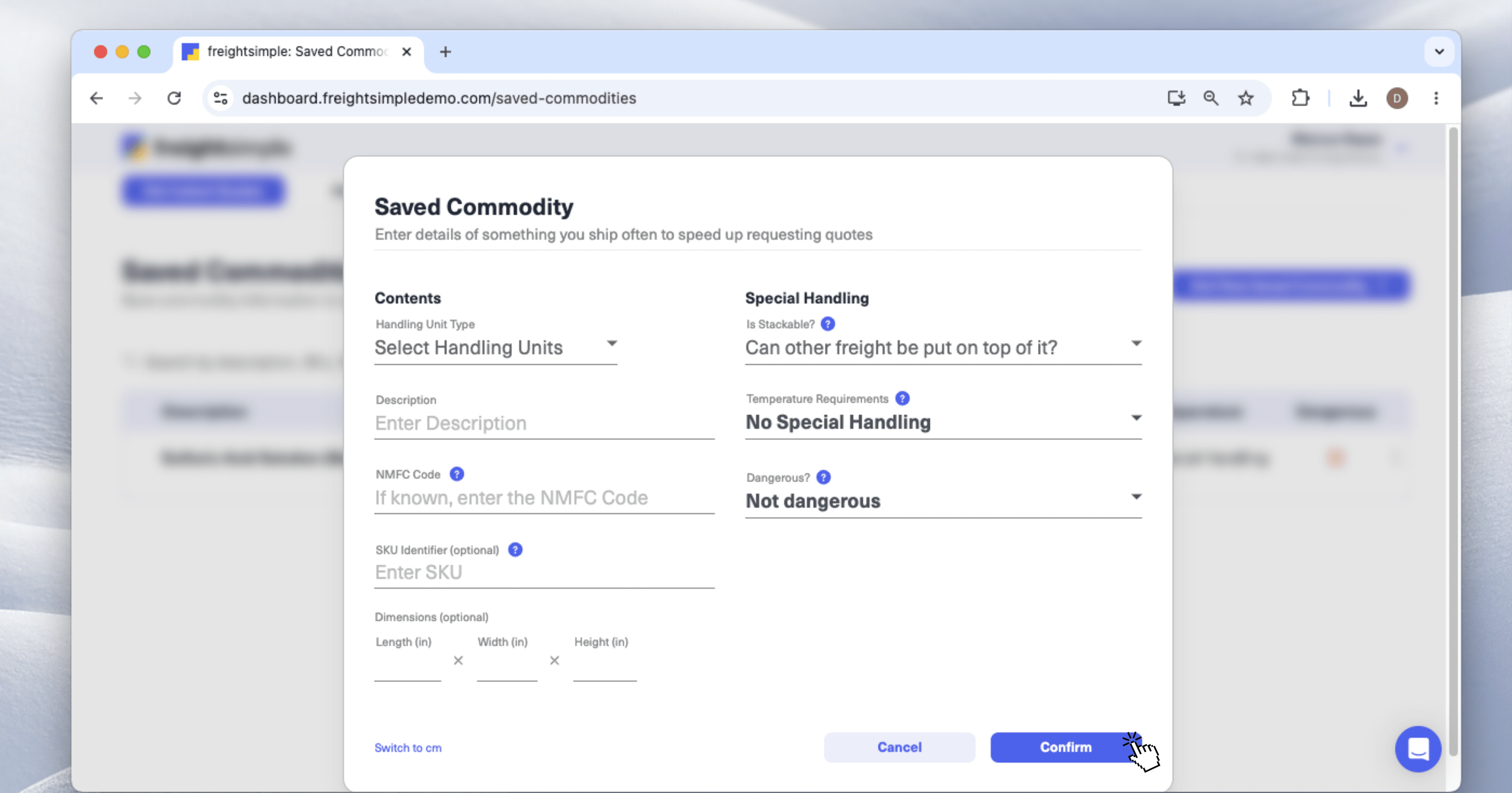 The Add New Saved Commodity form, with fields for description, NMFC class, dimensions, weight, and packaging visible.