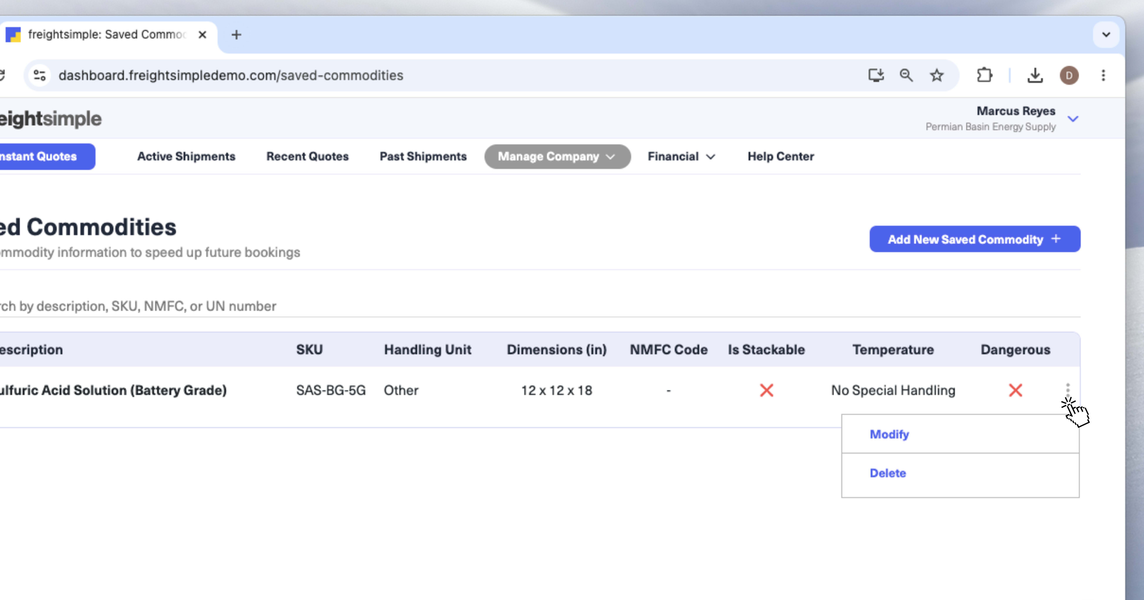 A list of saved commodities in the FreightSimple Dashboard, showing edit and delete options for each entry.