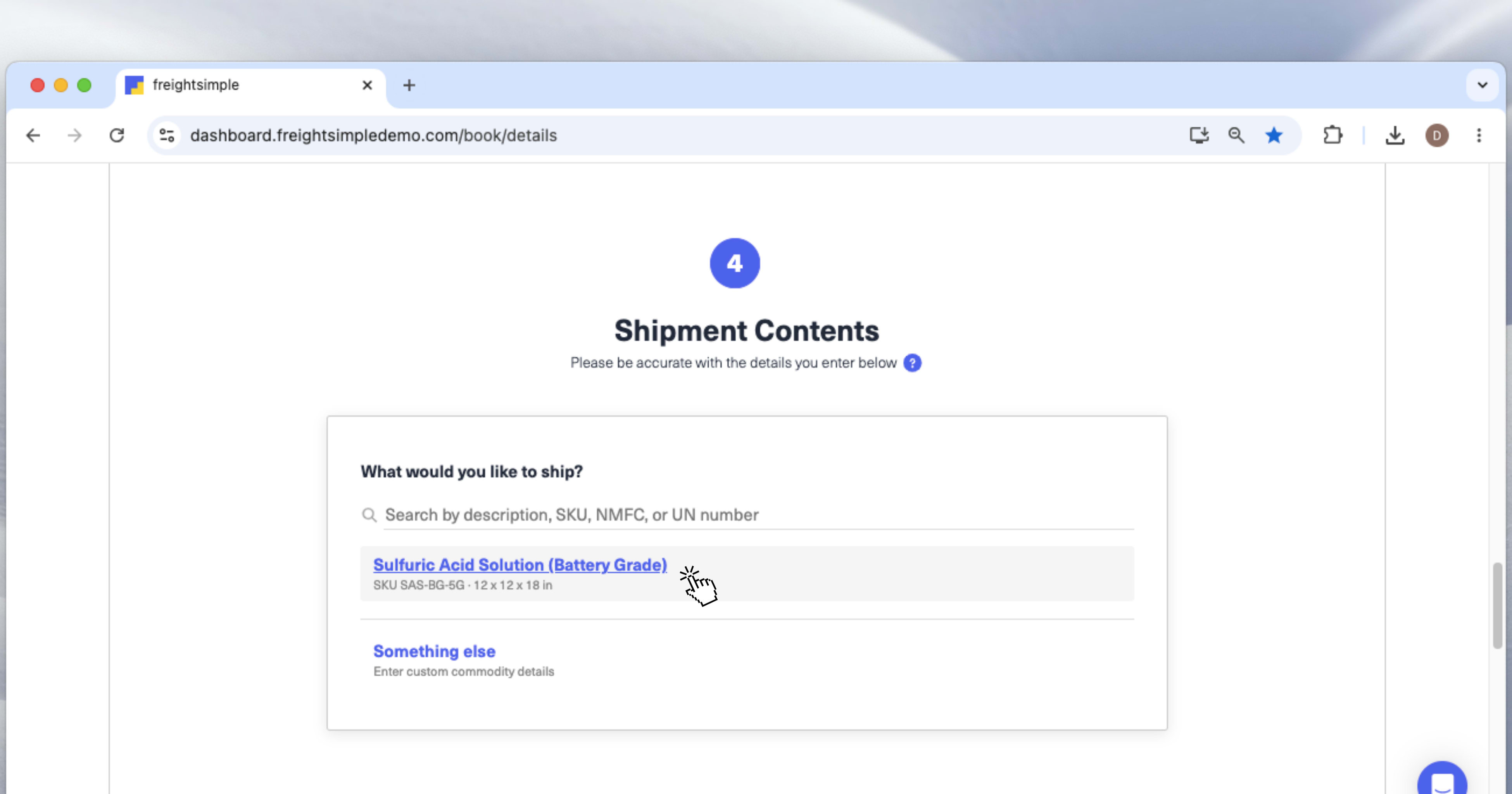 A new quote form with the saved commodities dropdown open, showing several saved entries available to select.
