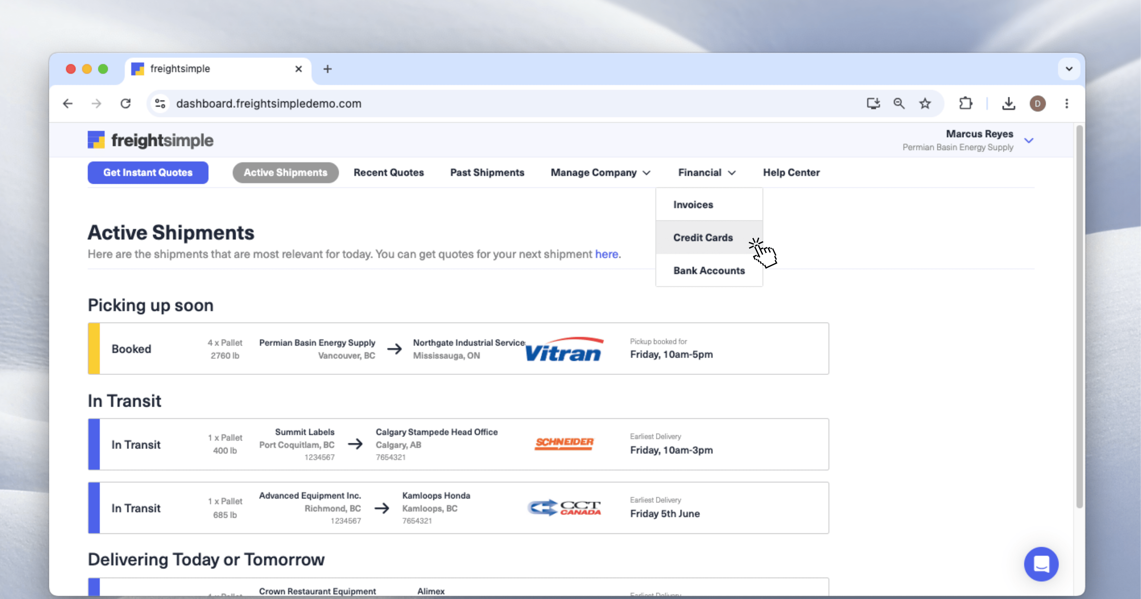 The Financial menu open in the FreightSimple Dashboard, showing the Credit Cards option.