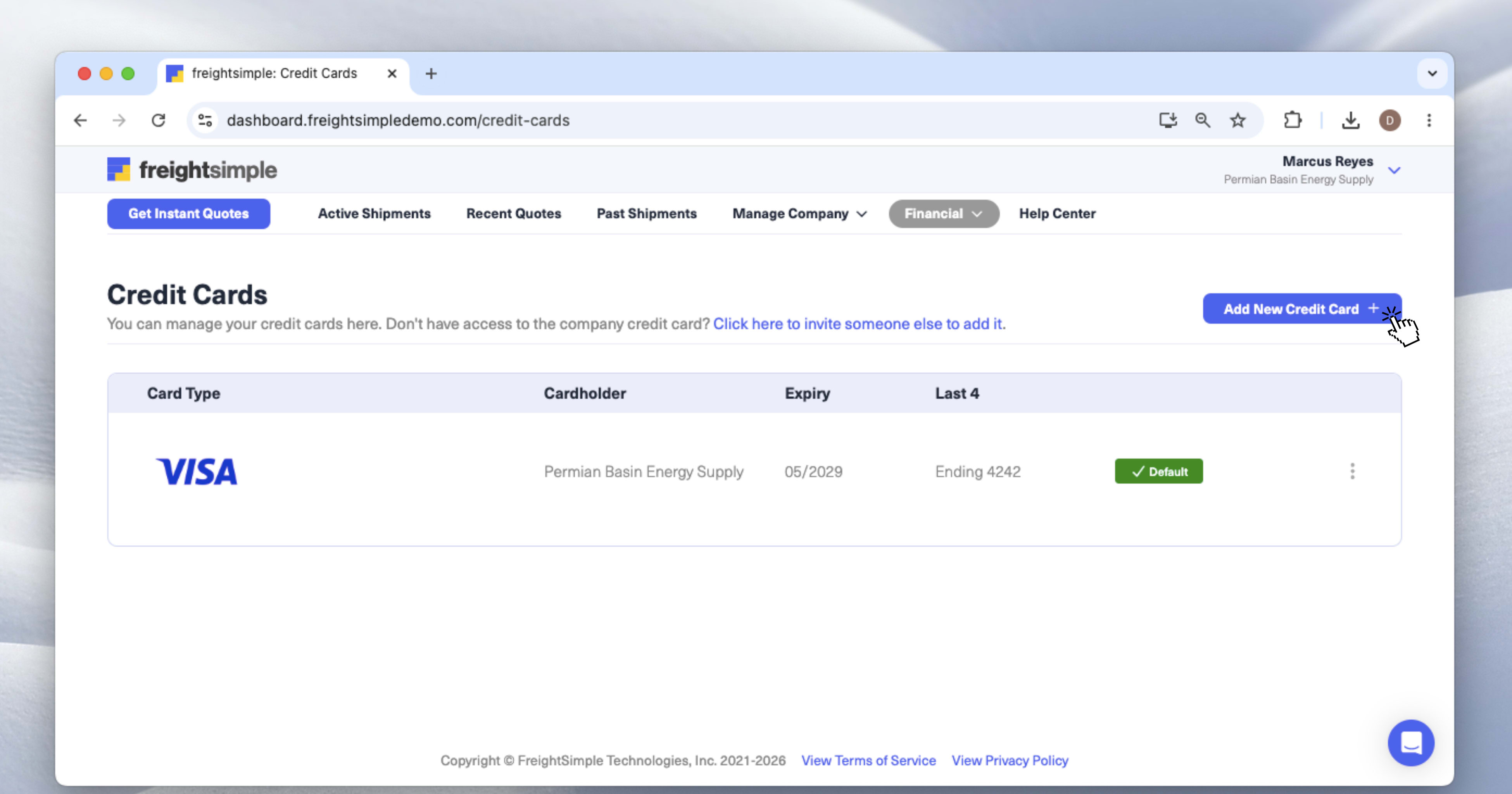 The Credit Cards screen in the FreightSimple Dashboard with the plus button visible to add a new card.