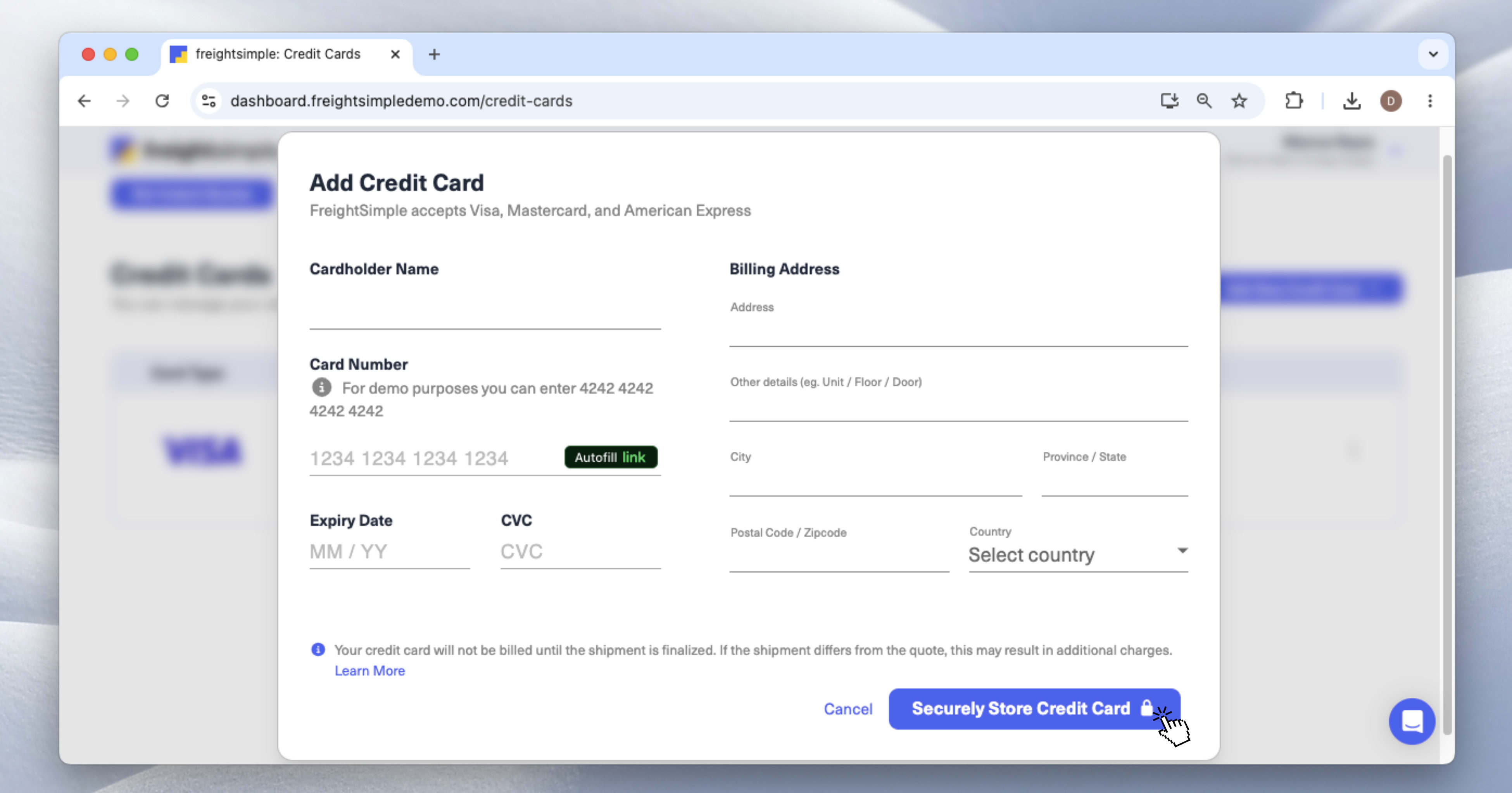 The Add Credit Card form with fields for card number, expiration, security code, and billing details.