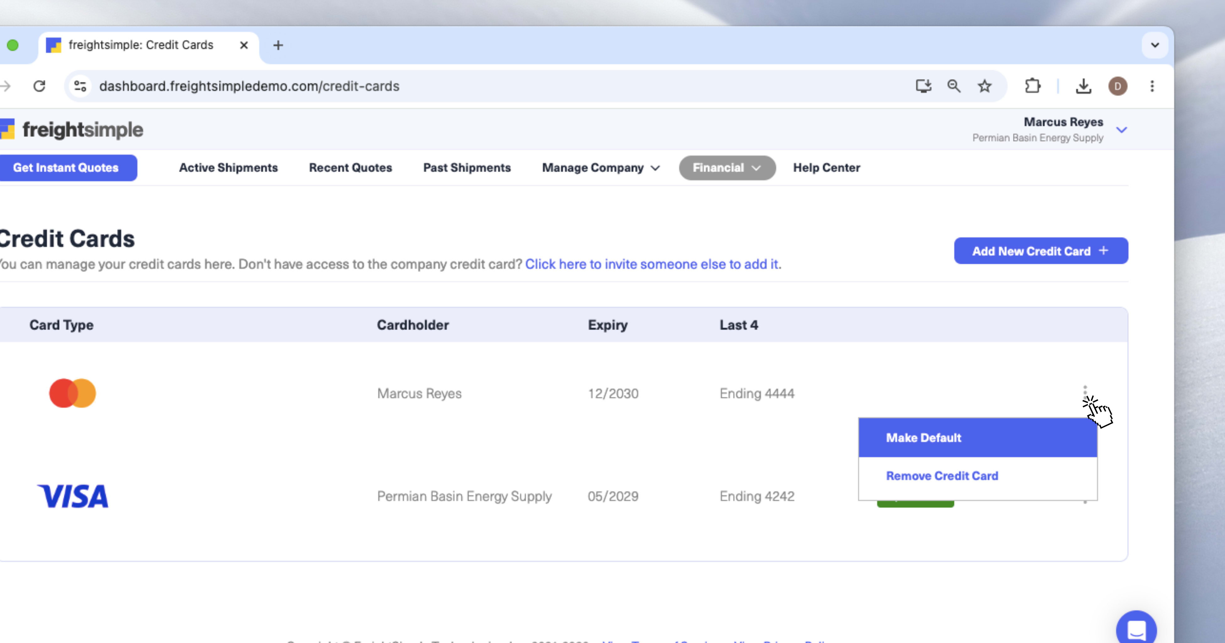 The Credit Cards screen showing the newly added card with the option to set it as default.