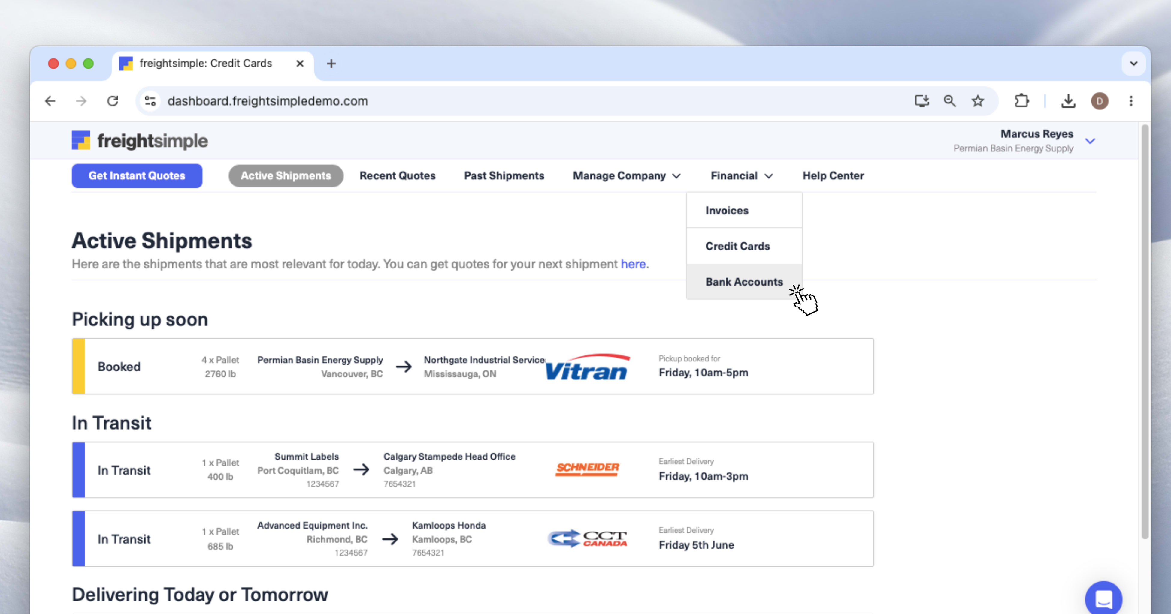 The Financial menu open in the FreightSimple Dashboard, showing the Bank Accounts option.