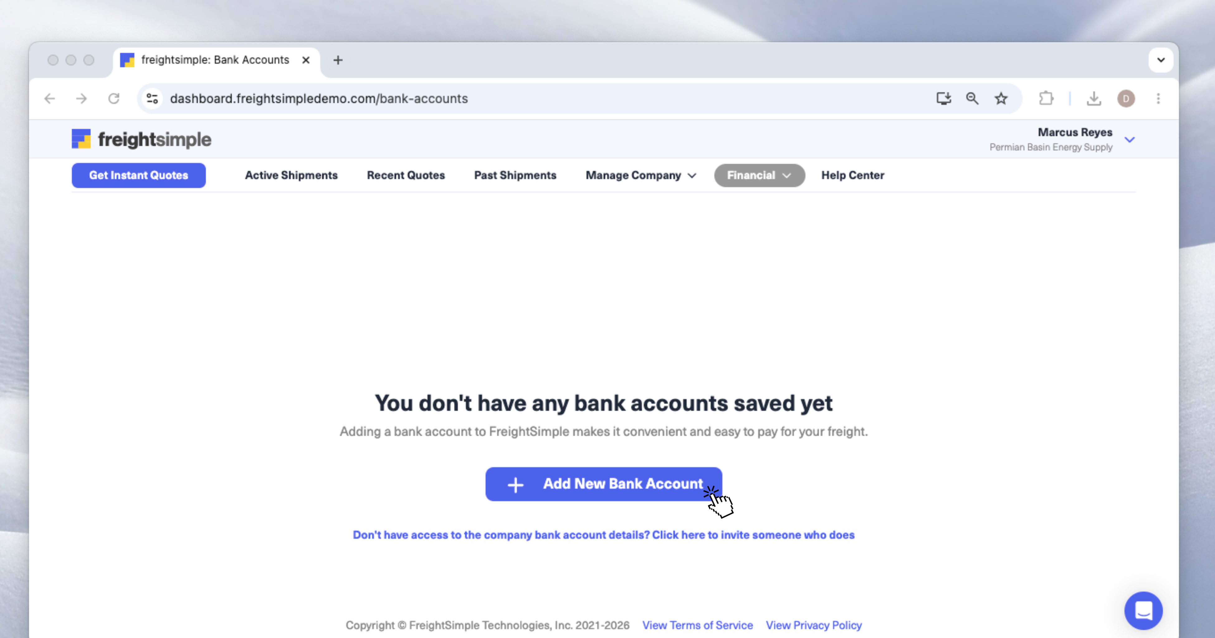 The Bank Accounts screen with the Add a bank account button highlighted.