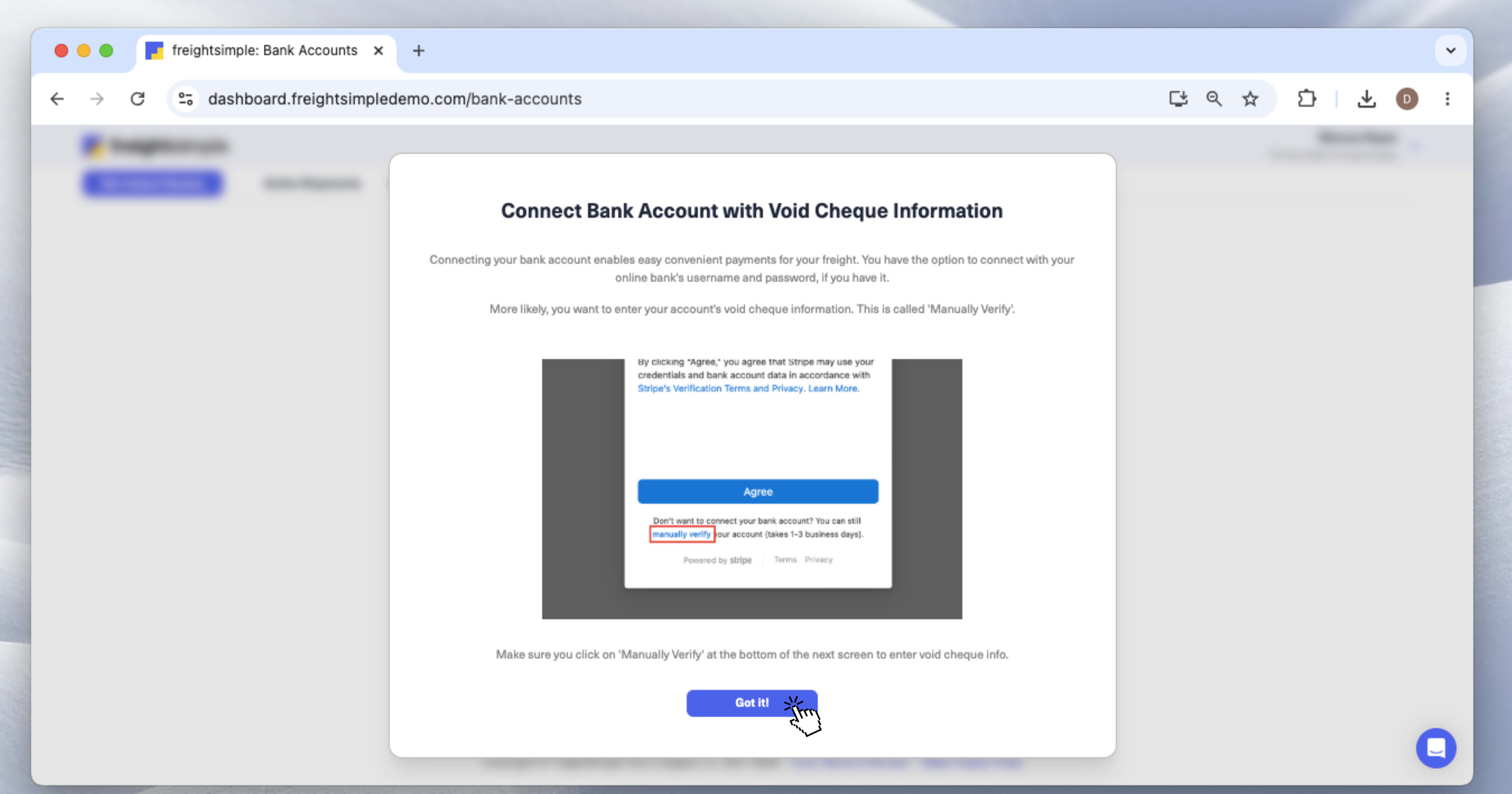 Pop-up explaining how to connect a bank account with void cheque information, with instructions to click Manually Verify.