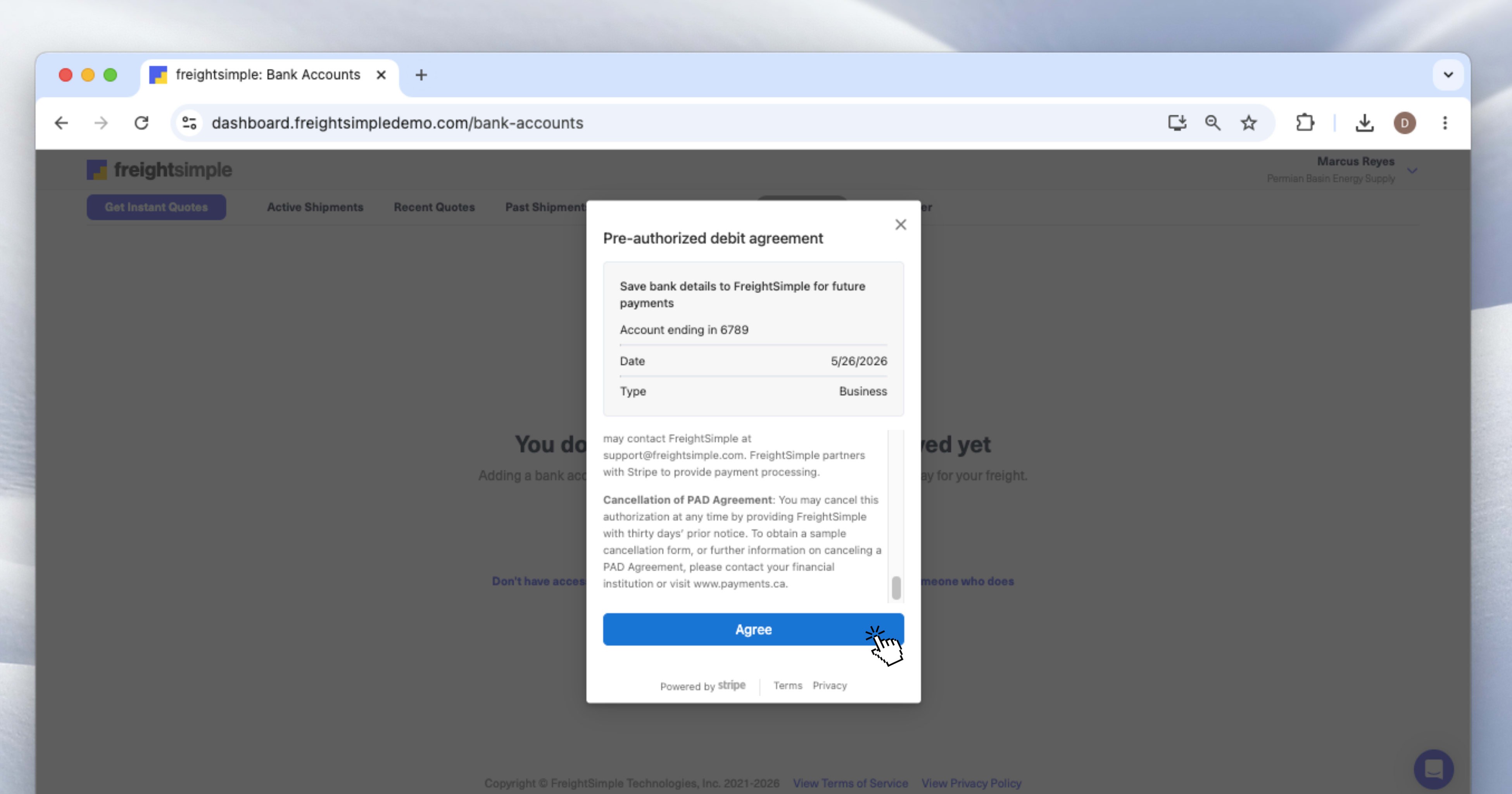 The Pre-Authorized Debit agreement screen with an Agree button to complete the setup.