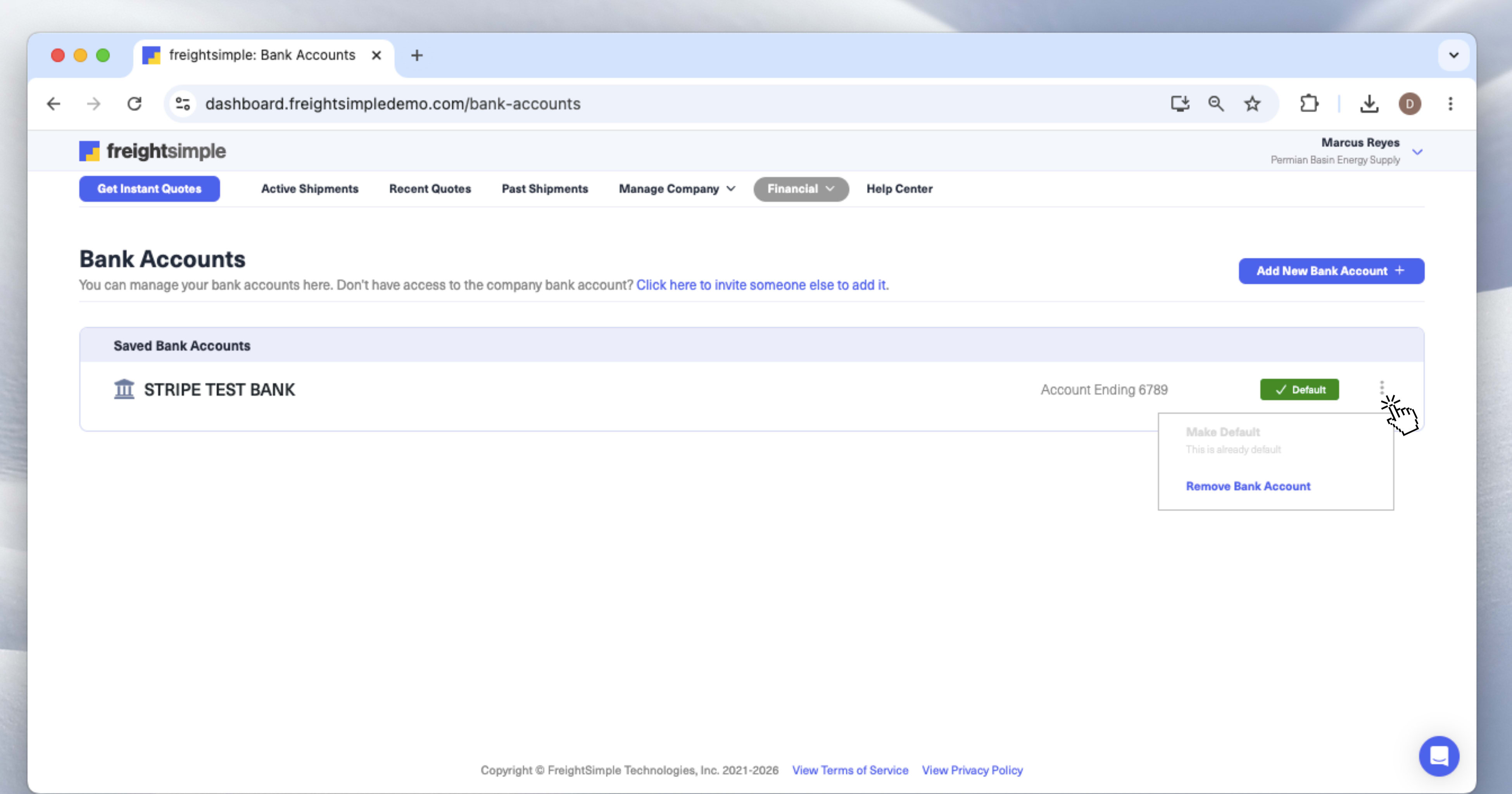 The Bank Accounts list with the three-dot menu open, showing Make Default and Remove Bank Account options.