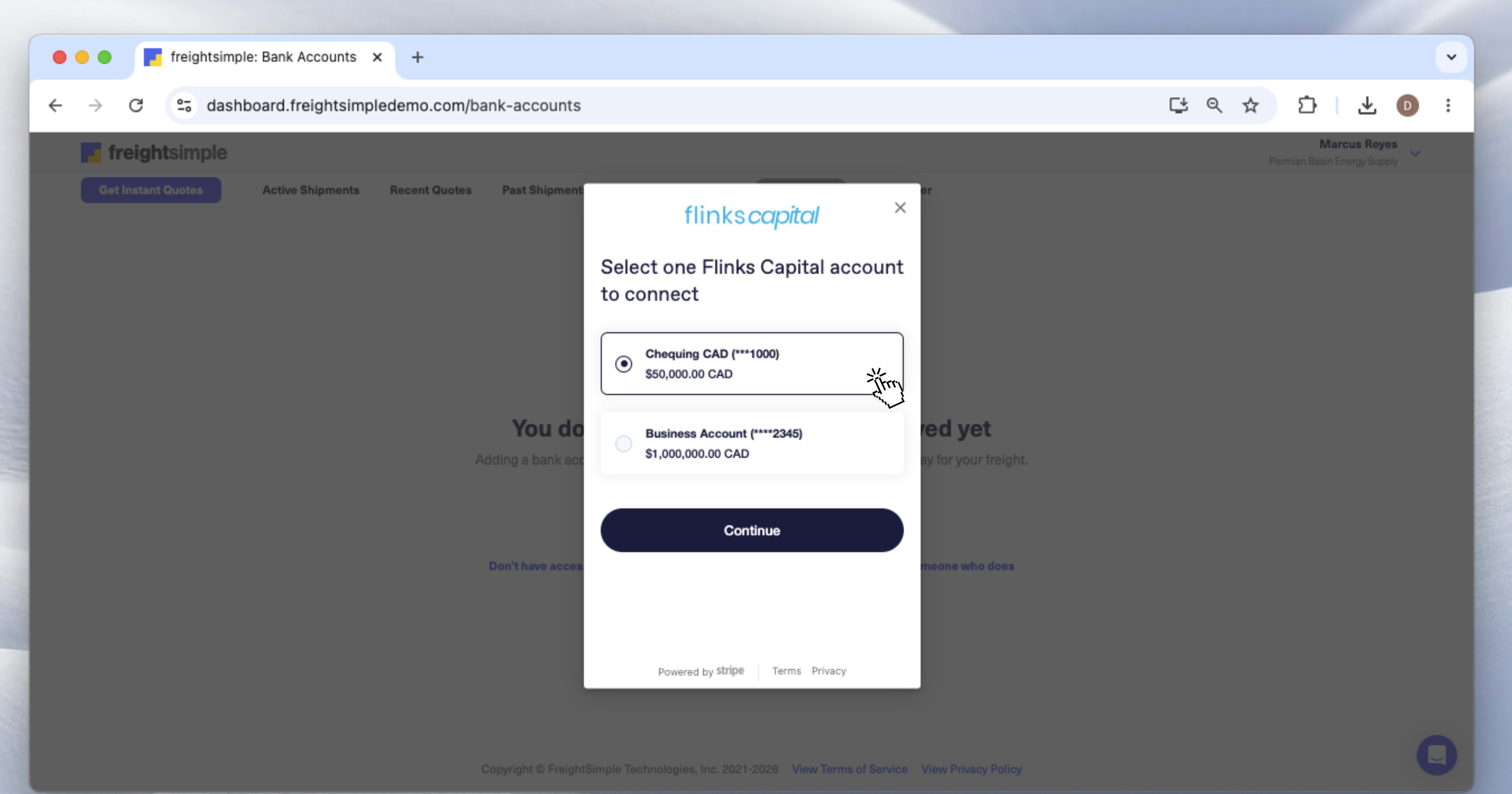 The account selection screen showing the bank accounts available to connect.