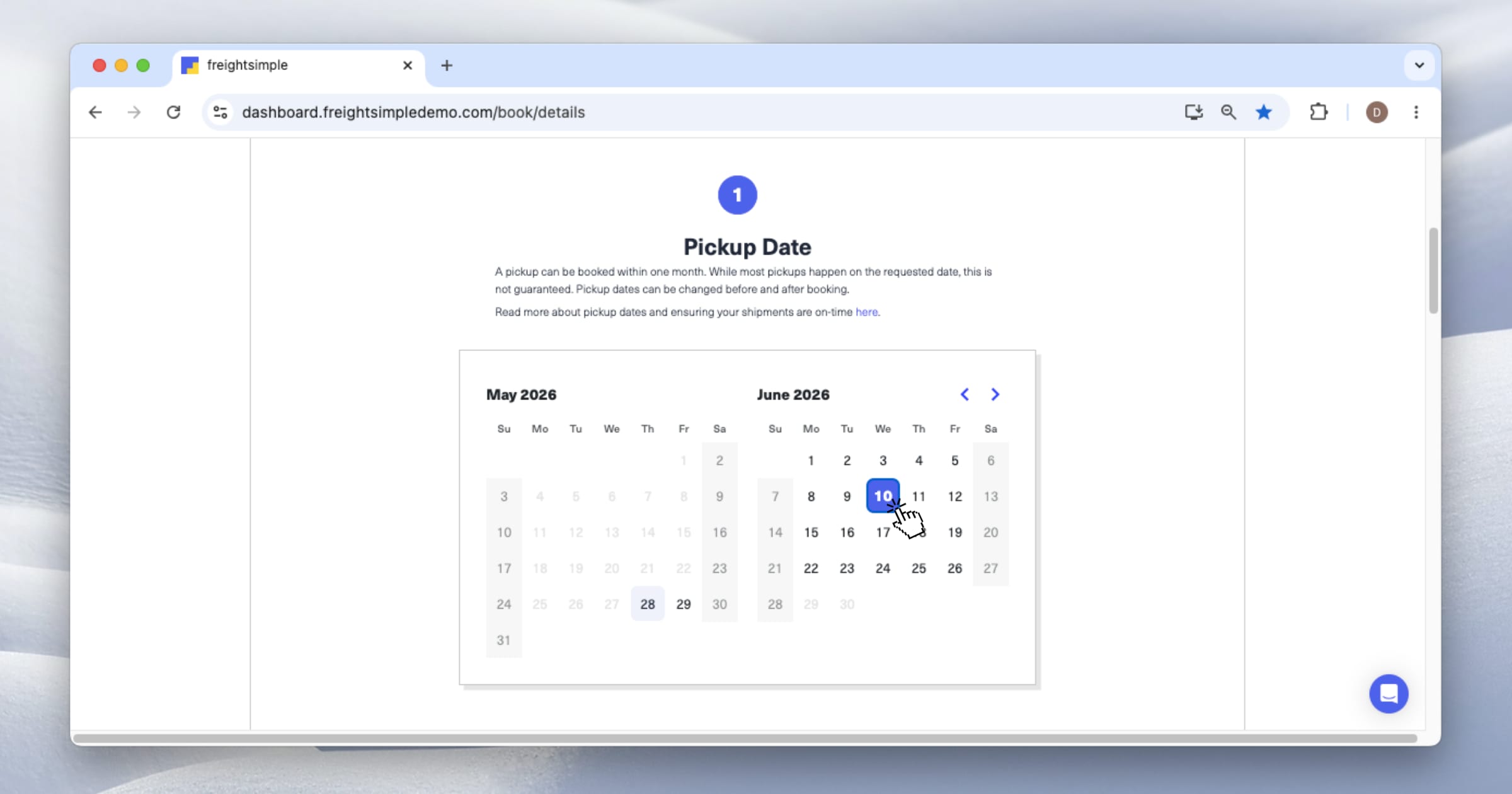 The pickup date selector in the quote form.