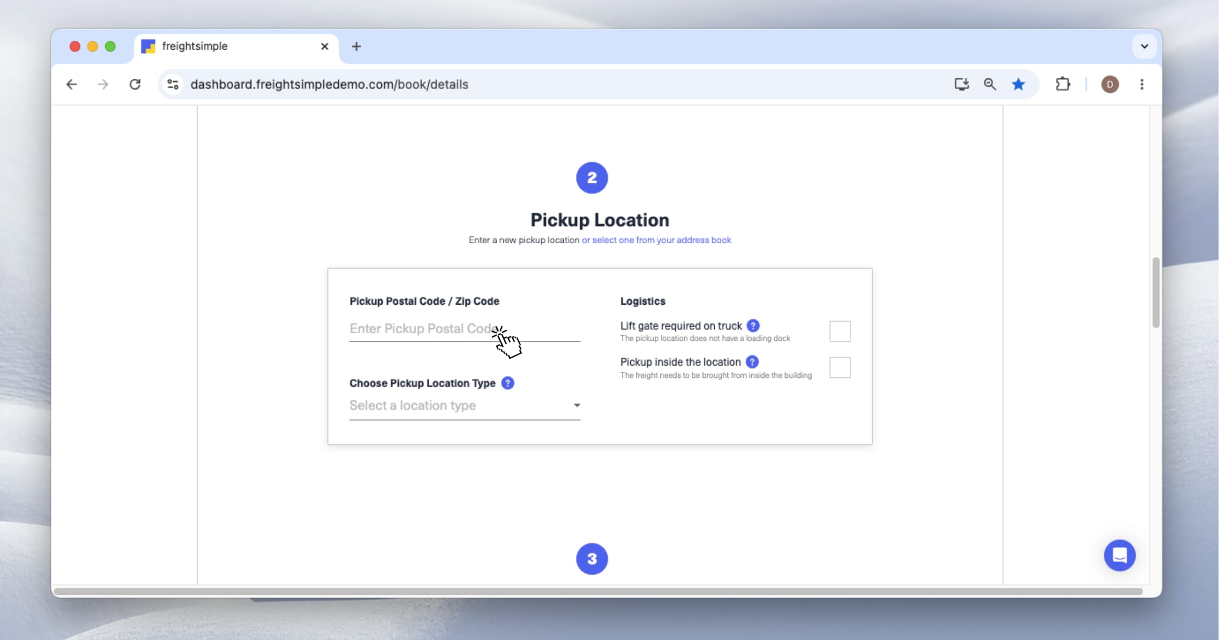 The pickup and delivery location fields in the quote form.
