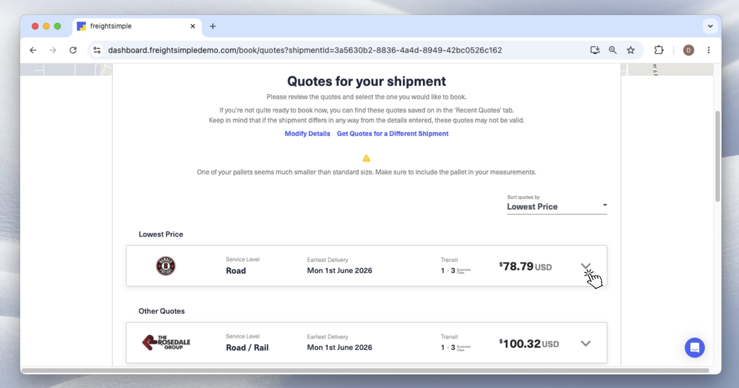 The carrier quote results screen showing options with prices and service levels.
